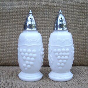 Vintage Imperial Milk Glass Grape Pattern Shaker Set
